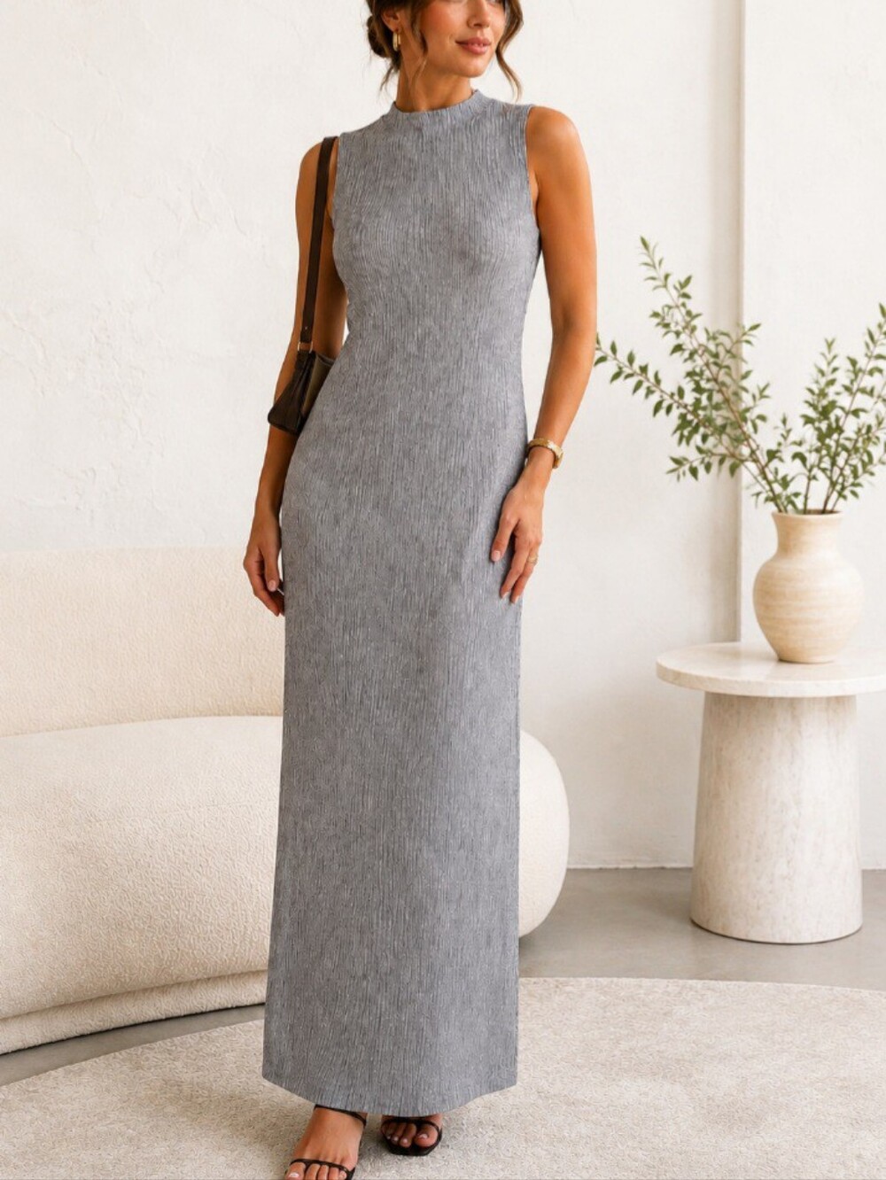 Zara Gorgeous Grey Plissé Pleated Mock Neck Maxi Dress- Size S